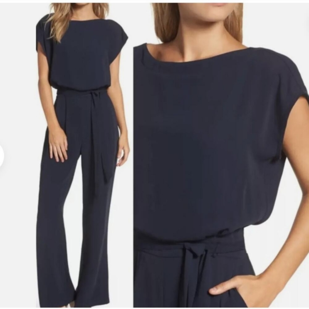 New Eliza J Navy Cap Sleeve Wide Leg Jumpsuit Size 16